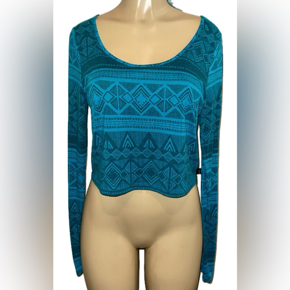 Mossimo Supply Co. Teal Geometric Long Sleeve Crop Top Size Large